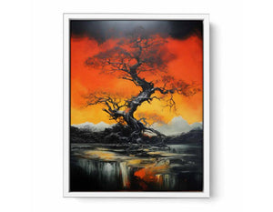 Dramatic black tree canvas art with orange sky for modern living room decor.