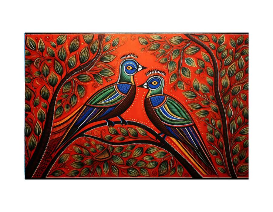 Colorful Madhubani bird pair canvas art with leafy branches for vibrant home decor.