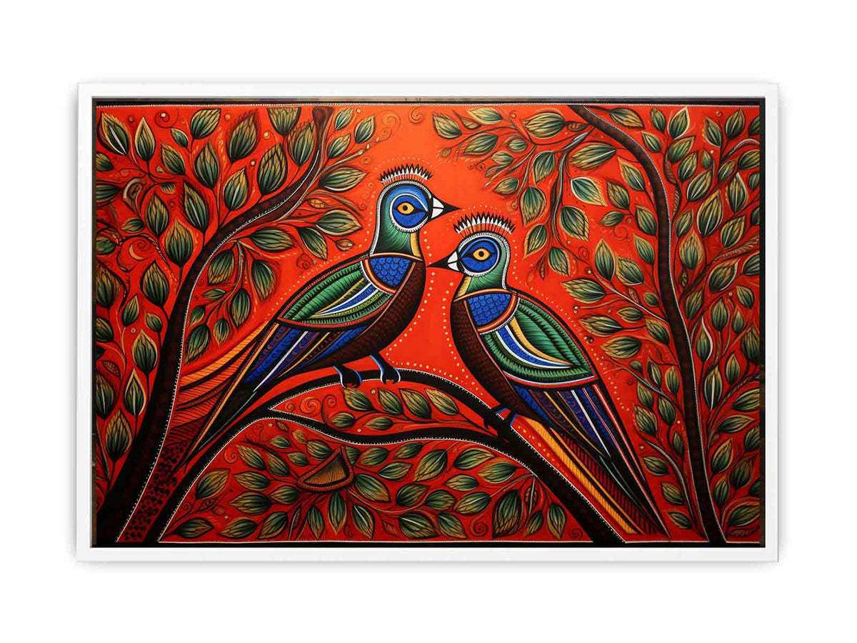 Colorful Madhubani bird pair canvas art with leafy branches for vibrant home decor.