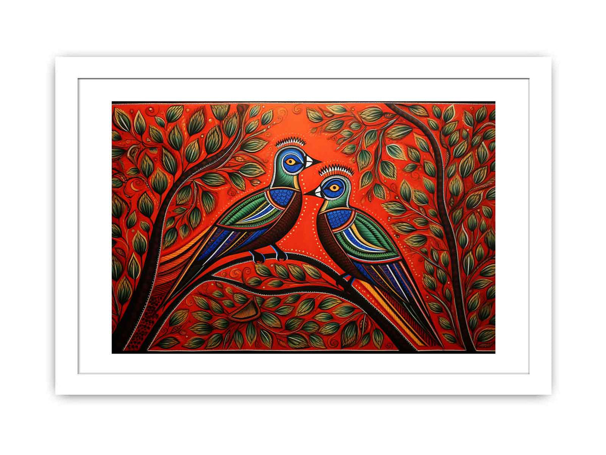 Colorful Madhubani bird pair canvas art with leafy branches for vibrant home decor.