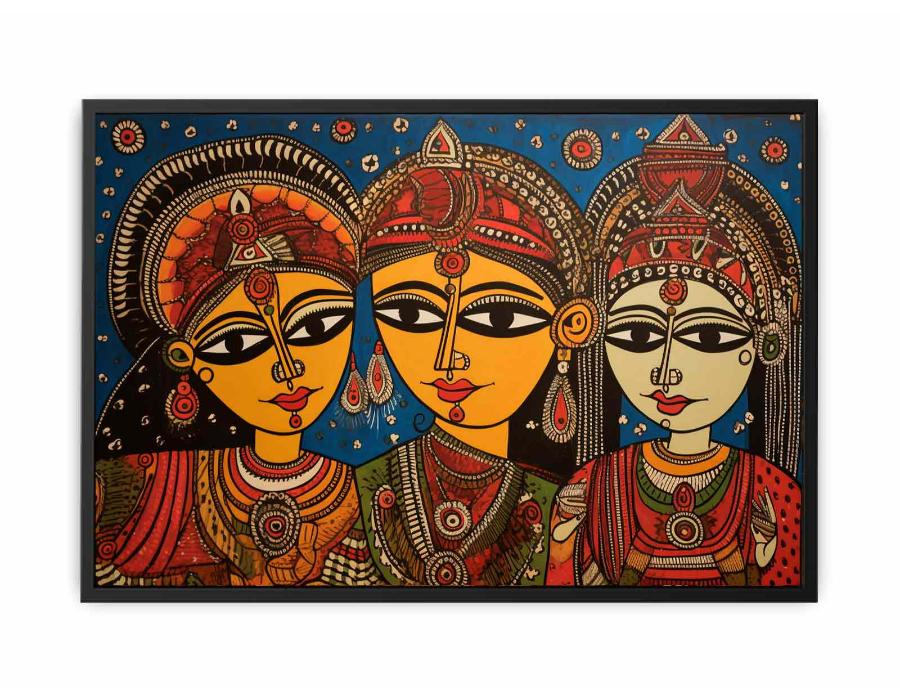 Three folk art queens with ornate jewelry in colorful Madhubani style canvas decor.