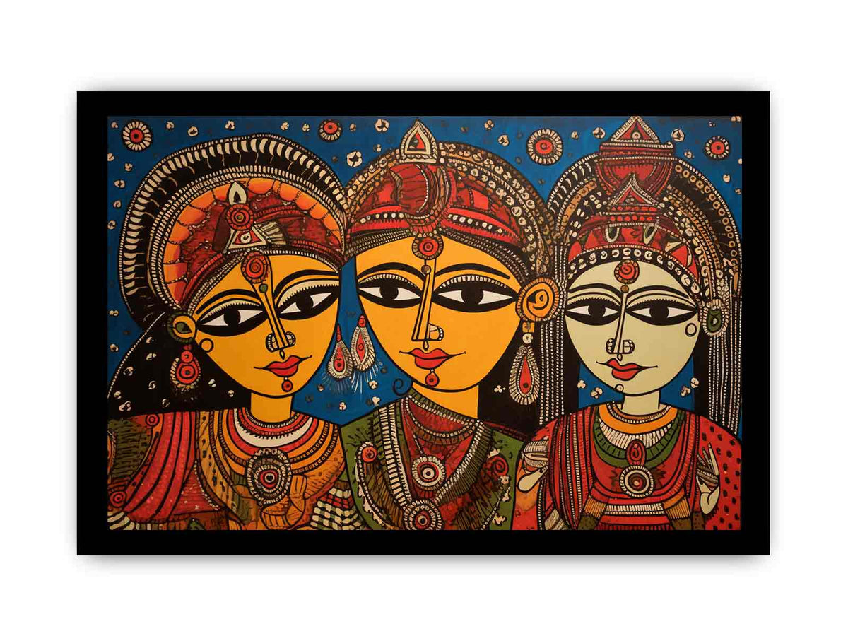 Three folk art queens with ornate jewelry in colorful Madhubani style canvas decor.