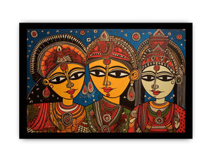Three folk art queens with ornate jewelry in colorful Madhubani style canvas decor.