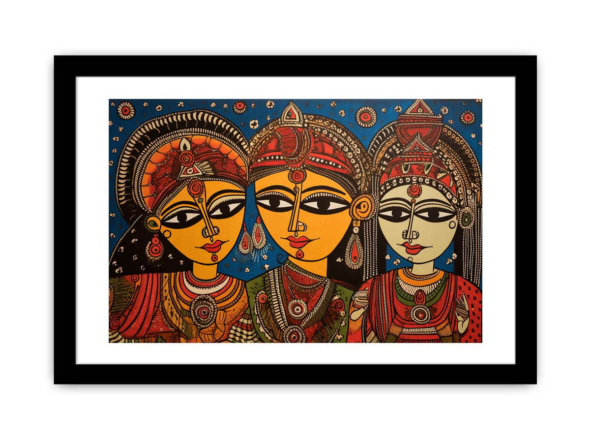 Three folk art queens with ornate jewelry in colorful Madhubani style canvas decor.