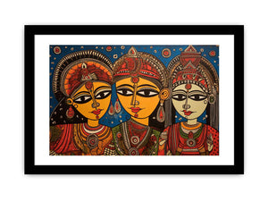 Three folk art queens with ornate jewelry in colorful Madhubani style canvas decor.