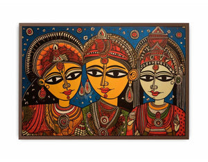 Three folk art queens with ornate jewelry in colorful Madhubani style canvas decor.