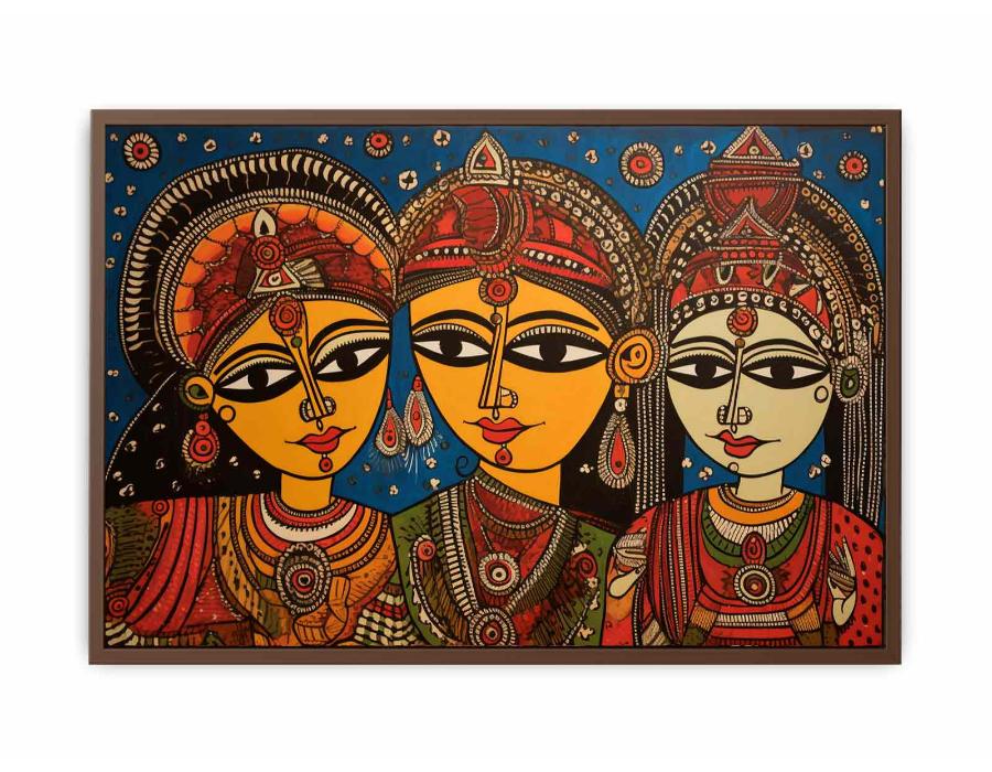 Three folk art queens with ornate jewelry in colorful Madhubani style canvas decor.