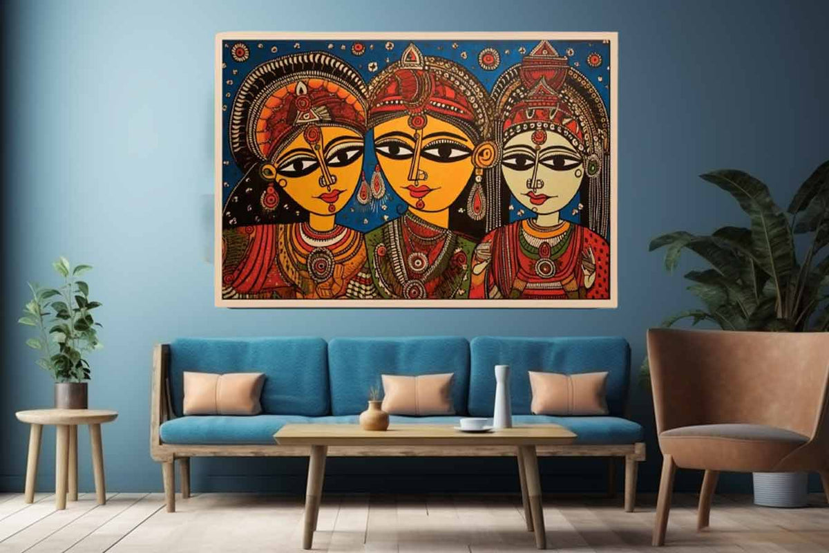 Three folk art queens with ornate jewelry in colorful Madhubani style canvas decor.