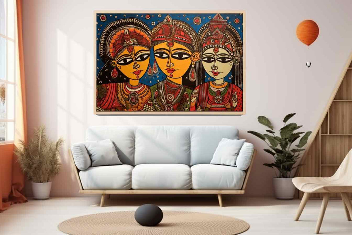 Three folk art queens with ornate jewelry in colorful Madhubani style canvas decor.