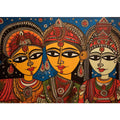 Three folk art queens with ornate jewelry in colorful Madhubani style canvas decor.