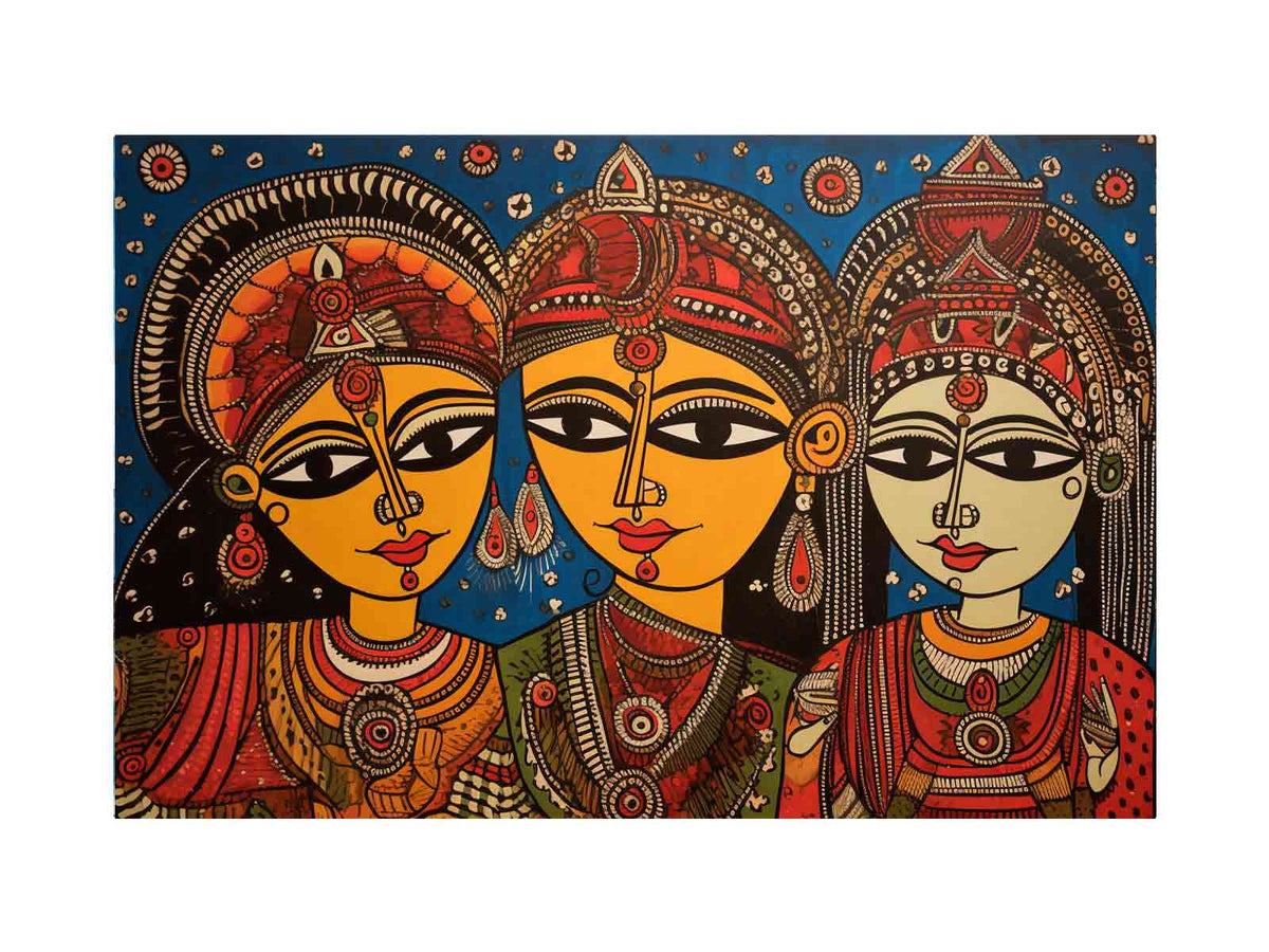 Three folk art queens with ornate jewelry in colorful Madhubani style canvas decor.
