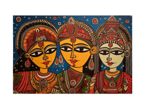 Three folk art queens with ornate jewelry in colorful Madhubani style canvas decor.