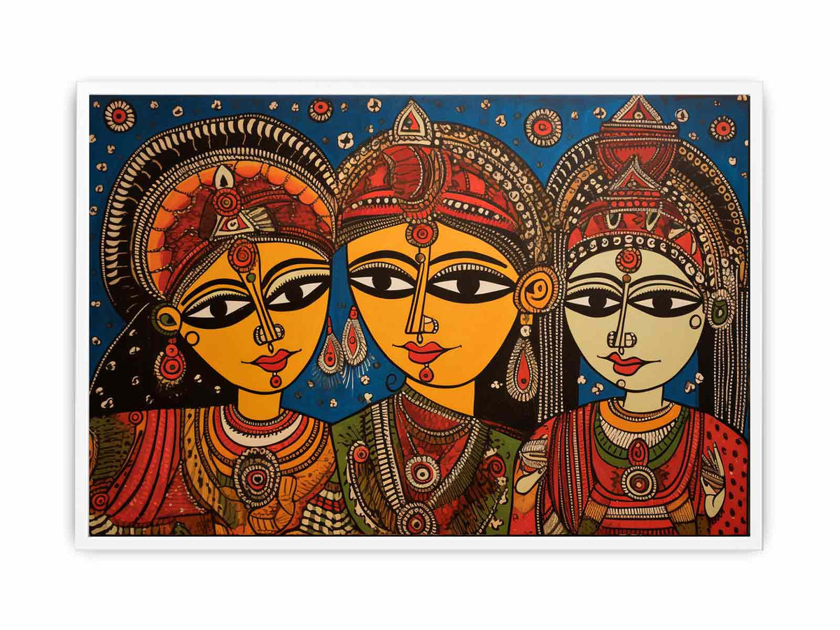 Three folk art queens with ornate jewelry in colorful Madhubani style canvas decor.