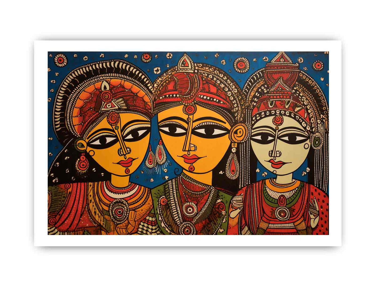 Three folk art queens with ornate jewelry in colorful Madhubani style canvas decor.
