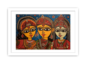 Three folk art queens with ornate jewelry in colorful Madhubani style canvas decor.