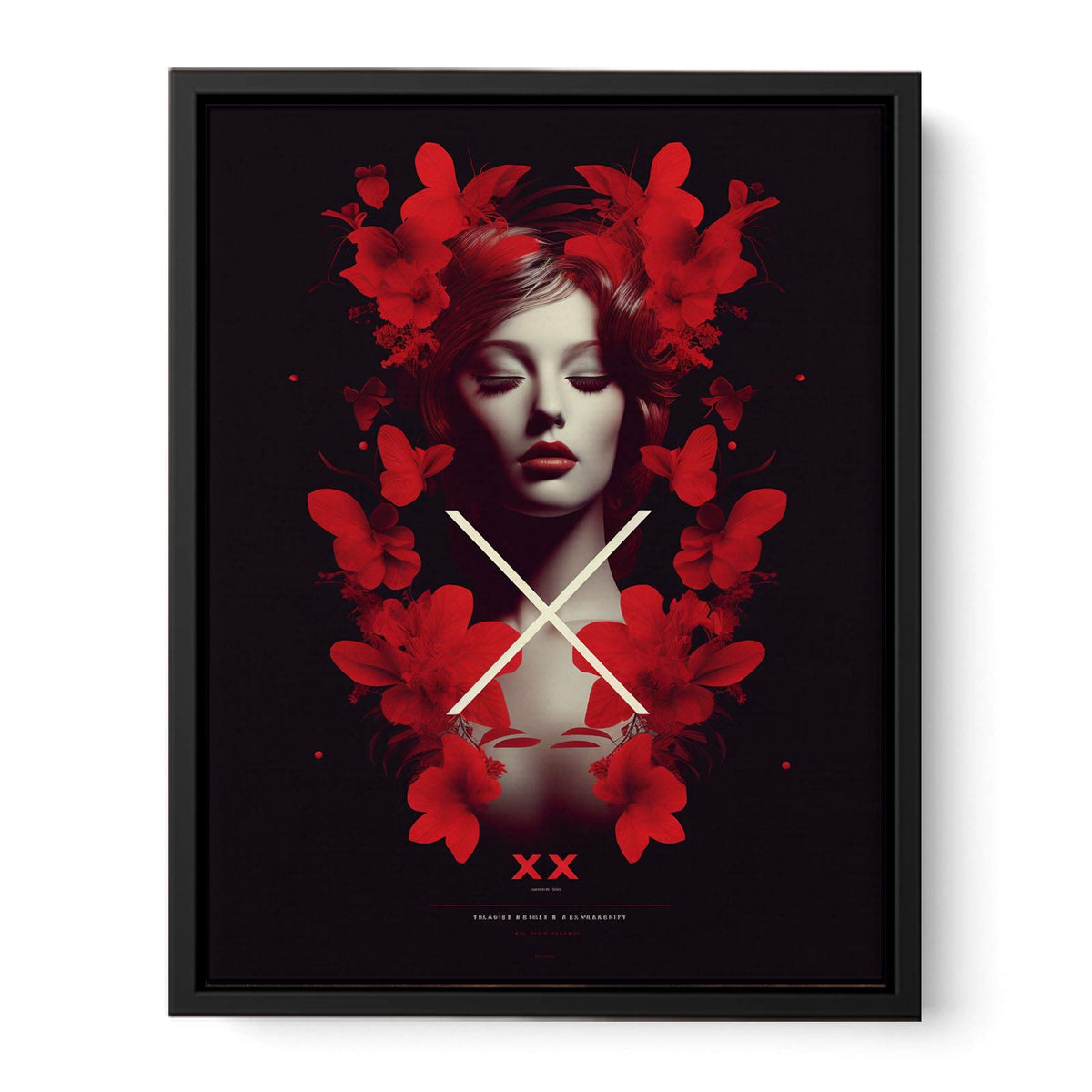 Glam red floral woman portrait canvas art for dramatic bedroom or living room decor.