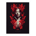 Glam red floral woman portrait canvas art for dramatic bedroom or living room decor.
