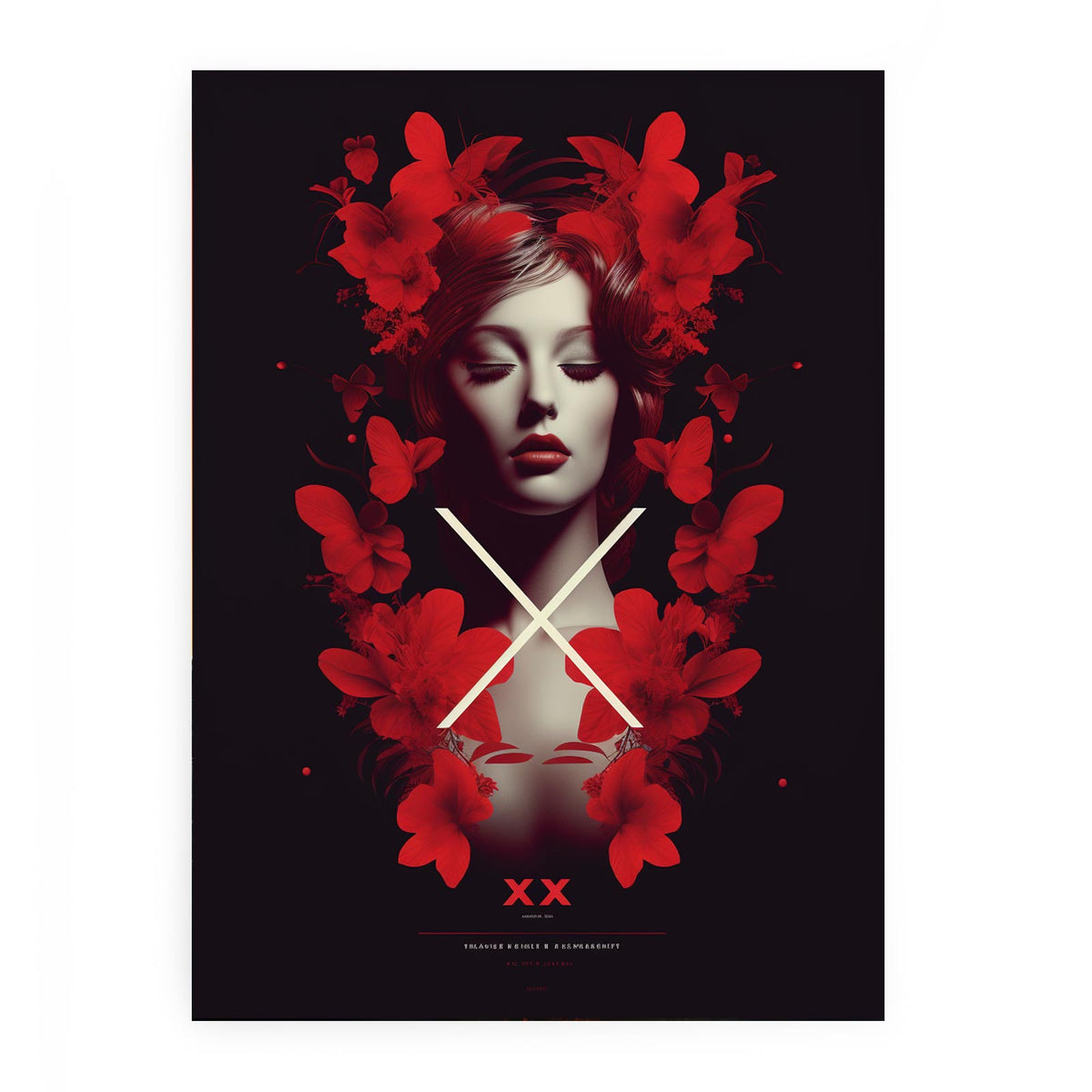 Glam red floral woman portrait canvas art for dramatic bedroom or living room decor.