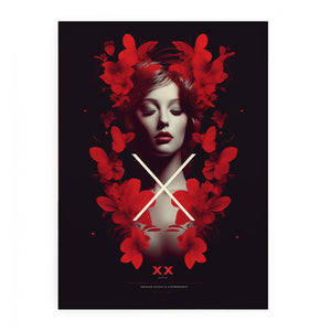 Glam red floral woman portrait canvas art for dramatic bedroom or living room decor.