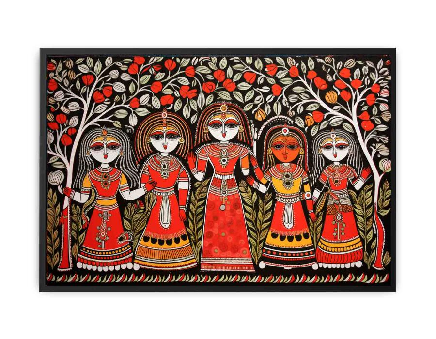 Group of folk art women under flowering trees in colorful Madhubani canvas decor.