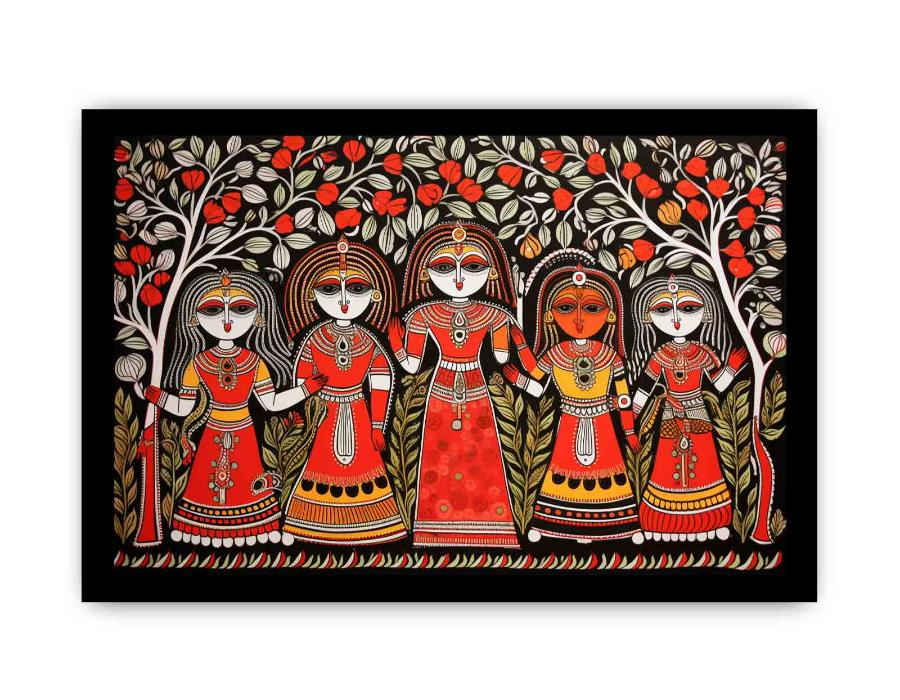 Group of folk art women under flowering trees in colorful Madhubani canvas decor.
