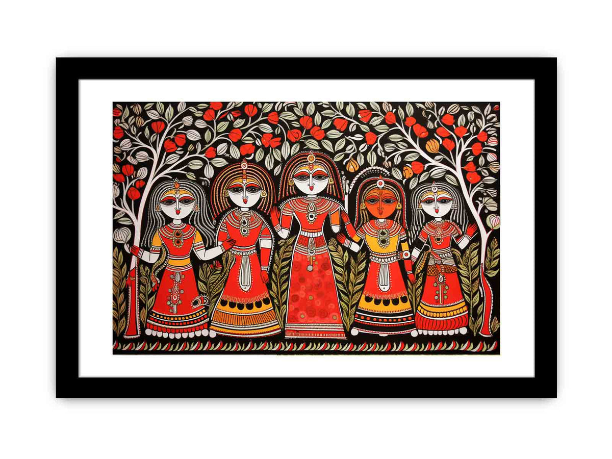 Group of folk art women under flowering trees in colorful Madhubani canvas decor.