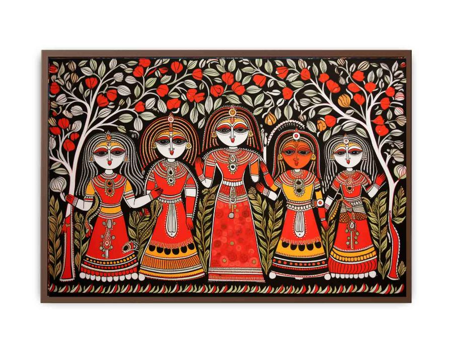 Group of folk art women under flowering trees in colorful Madhubani canvas decor.