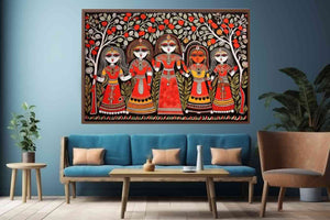 Group of folk art women under flowering trees in colorful Madhubani canvas decor.