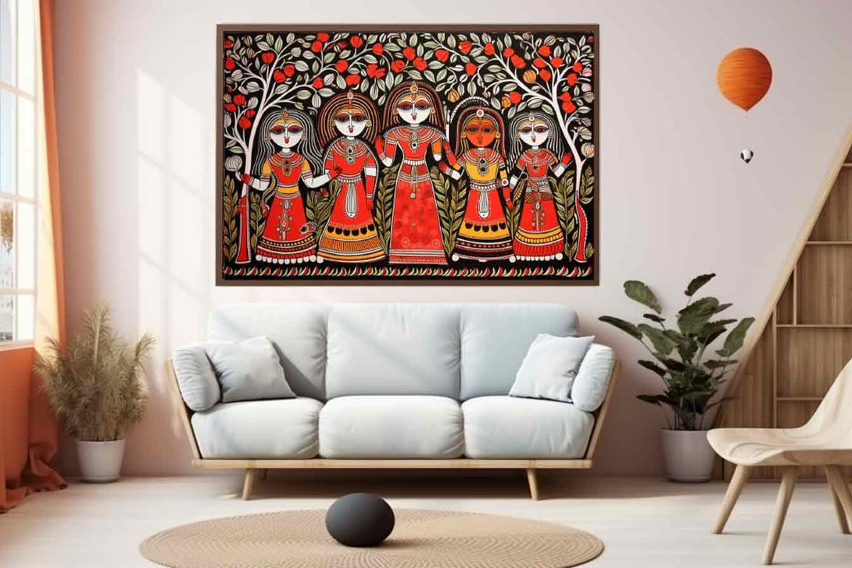Group of folk art women under flowering trees in colorful Madhubani canvas decor.
