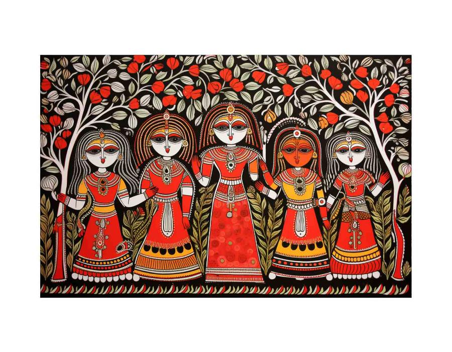 Group of folk art women under flowering trees in colorful Madhubani canvas decor.