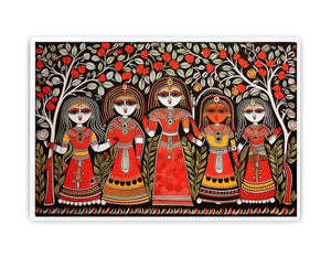 Group of folk art women under flowering trees in colorful Madhubani canvas decor.