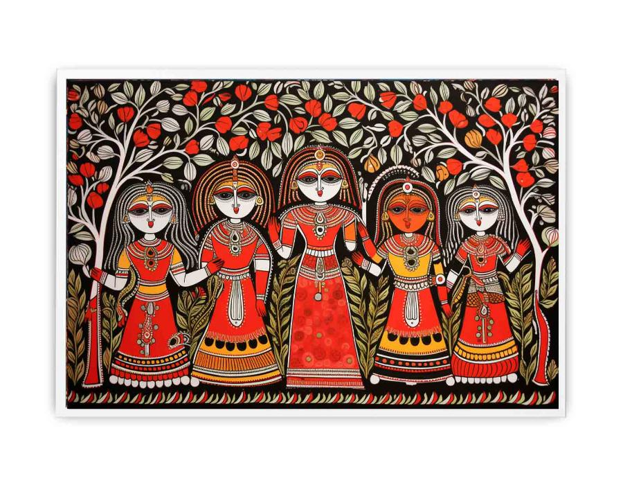 Group of folk art women under flowering trees in colorful Madhubani canvas decor.