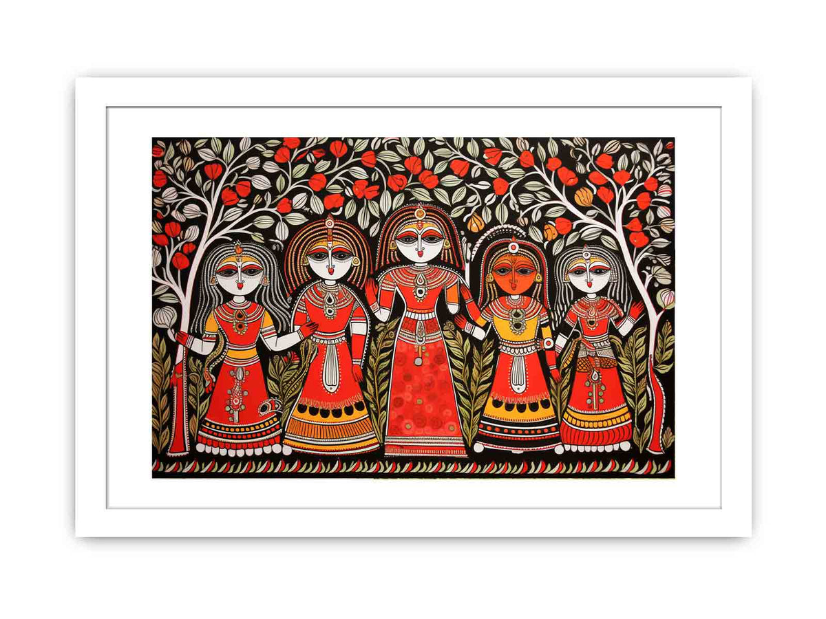 Group of folk art women under flowering trees in colorful Madhubani canvas decor.