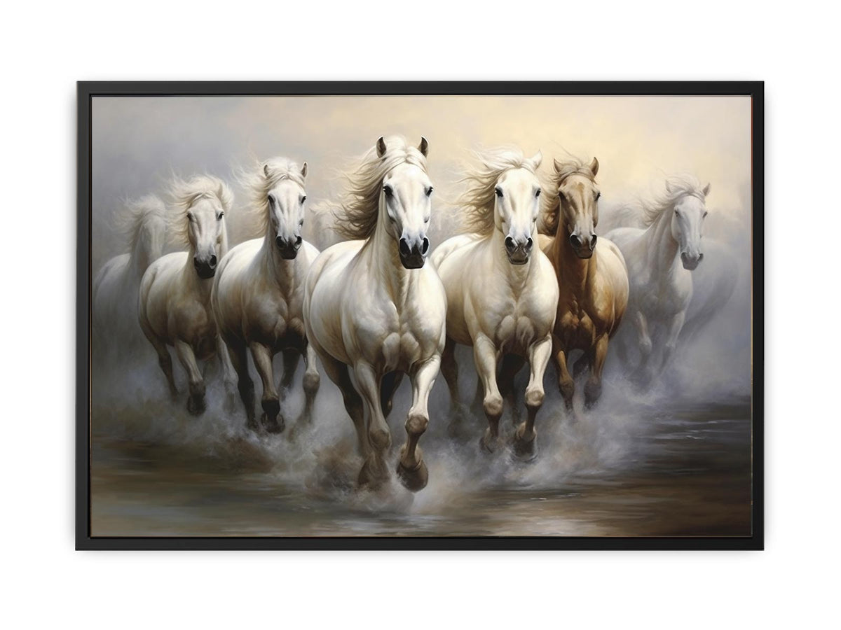 White horses running through misty water canvas art for serene modern home decor.