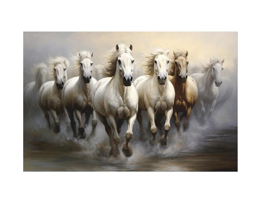 White horses running through misty water canvas art for serene modern home decor.