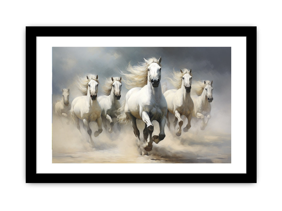 White horse herd running through dust canvas art for elegant living room or office decor.