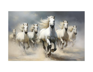 White horse herd running through dust canvas art for elegant living room or office decor.