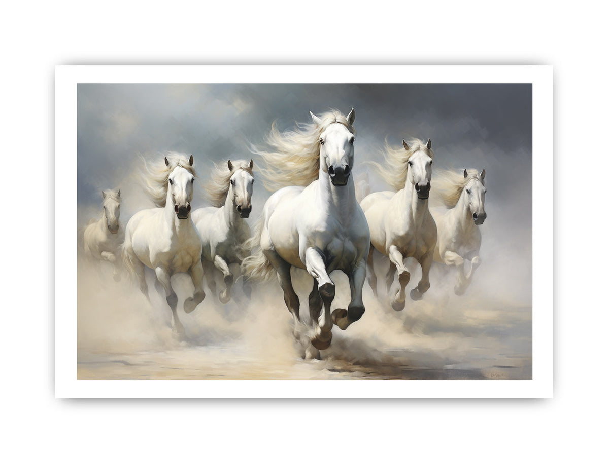 White horse herd running through dust canvas art for elegant living room or office decor.