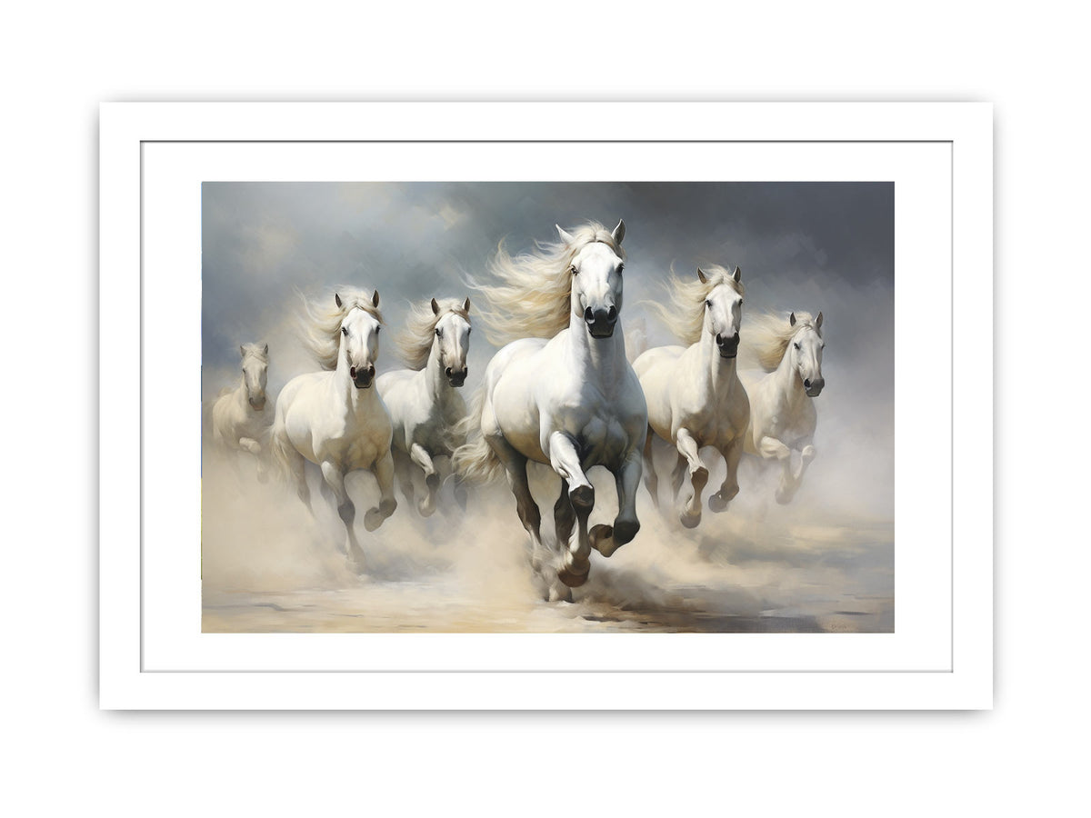 White horse herd running through dust canvas art for elegant living room or office decor.