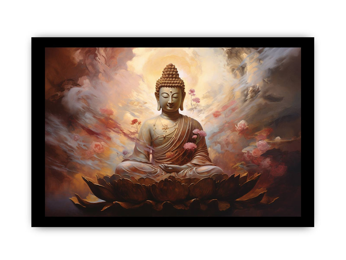 Serene Buddha on lotus canvas art with warm clouds for peaceful meditation room decor.