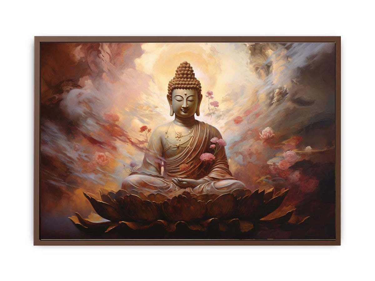 Serene Buddha on lotus canvas art with warm clouds for peaceful meditation room decor.