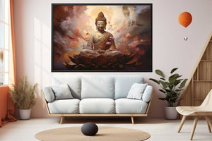 Serene Buddha on lotus canvas art with warm clouds for peaceful meditation room decor.