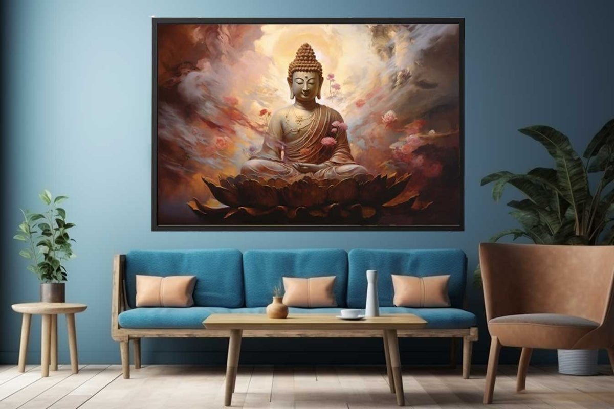 Serene Buddha on lotus canvas art with warm clouds for peaceful meditation room decor.