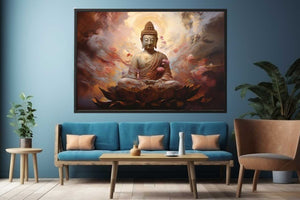 Serene Buddha on lotus canvas art with warm clouds for peaceful meditation room decor.