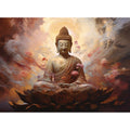 Serene Buddha on lotus canvas art with warm clouds for peaceful meditation room decor.