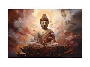 Serene Buddha on lotus canvas art with warm clouds for peaceful meditation room decor.