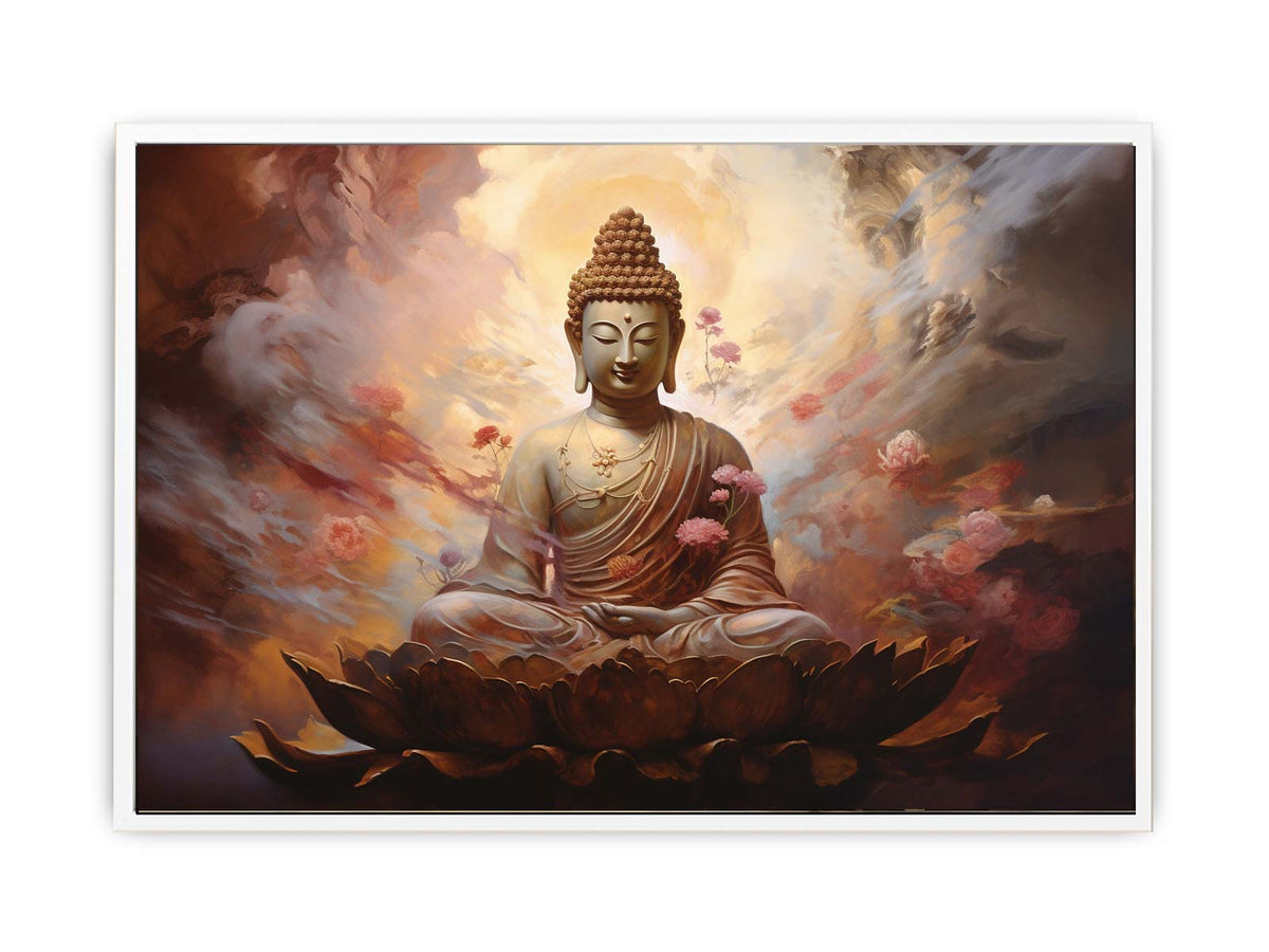 Serene Buddha on lotus canvas art with warm clouds for peaceful meditation room decor.