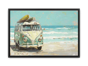 Vintage mint green camper van with a surfboard on its roof beside turquoise ocean waves, painted in a retro coastal style.