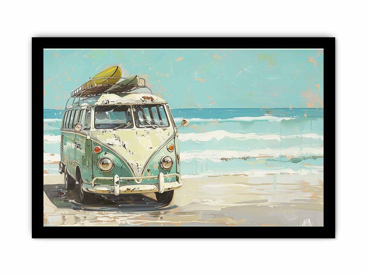 Vintage mint green camper van with a surfboard on its roof beside turquoise ocean waves, painted in a retro coastal style.