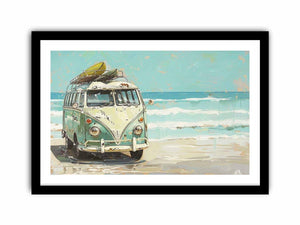 Vintage mint green camper van with a surfboard on its roof beside turquoise ocean waves, painted in a retro coastal style.